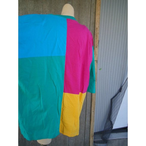NOS Vtg 80s Shirt Colorblock Pink Turquoise  Oversized One Size 100% Cotton - Picture 8 of 9